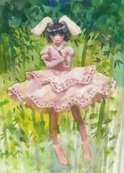 Rule 34 | 1girl, animal ears, bamboo, bamboo forest, black hair, carrot, carrot necklace, dress, female focus, forest, inaba tewi, jewelry, misawa hiroshi, nature, necklace, painting (medium), rabbit ears, red eyes, short hair, smile, socks, solo, touhou, traditional media, watercolor (medium)