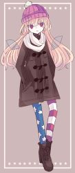 Rule 34 | 1girl, :o, american flag legwear, beanie, blonde hair, border, clownpiece, fairy wings, full body, hands in pockets, hat, highres, long hair, nagi (nagito), open mouth, pantyhose, pom pom (clothes), red eyes, scarf, shoes, solo, standing, striped clothes, striped pantyhose, touhou, white scarf, wings