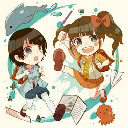 Rule 34 | 10s, 2girls, abstract background, black hair, blunt bangs, blush, book, bow, brown hair, clover, dolphin, eraser, four-leaf clover, full body, hair bow, hisanuma sayu, mary janes, multiple girls, nagi no asukara, octopus, open book, orange skirt, outstretched arm, paper airplane, pencil, raised fist, ribbon, round teeth, ruler, shiodome miuna, shoe soles, shoes, short hair, skirt, teeth, text focus, tomori chia, twintails, two side up, walking