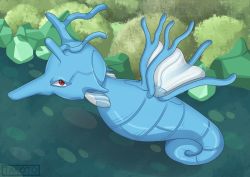 Rule 34 | artist name, bush, creatures (company), fins, full body, game freak, gen 2 pokemon, green background, horns, kingdra, looking at viewer, looking up, nintendo, no humans, outdoors, pokemon, pokemon (creature), pokemon gsc, red eyes, shiny skin, solo, takoto, text focus, water, watermark