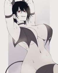 Rule 34 | 1girl, armband, armpits, arms up, black hair, breasts, cero rains, choker, colored skin, covering privates, covering breasts, covering crotch, demon girl, demon horns, demon tail, demon wings, earrings, grey skin, grin, hair between eyes, highres, horns, jewelry, large breasts, looking at viewer, mole, mole on armpit, mole on breast, navel, nude, original, parted lips, red eyes, smile, solo, sweat, symbol-only commentary, tail, teeth, wings