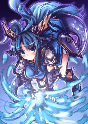 Rule 34 | &gt;:), 1girl, ankle boots, armor, blue dress, blue eyes, blue hair, blush, boots, china dress, chinese clothes, dragon girl, dragon horns, dragon tail, dress, energy ball, fins, head fins, highres, horns, karin (p&amp;d), long hair, matching hair/eyes, purple background, puzzle &amp; dragons, samoore, short sleeves, smile, solo, tail, v-shaped eyebrows