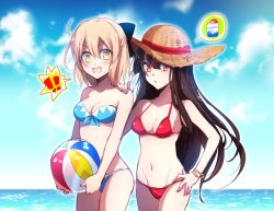 Rule 34 | !, &gt;:d, 2girls, :d, :o, adapted costume, ahoge, ball, bangle, bare arms, bare shoulders, beachball, bikini, black bow, black hair, blonde hair, blue bikini, blue ribbon, blue sky, blush, bow, bracelet, breasts, brown hat, cleavage, cloud, collarbone, commentary request, cowboy shot, day, fate/grand order, fate (series), food, front-tie bikini top, front-tie top, hair between eyes, hair bow, hand on another&#039;s shoulder, hand on own hip, hat, hat ribbon, holding, holding ball, horizon, index finger raised, jewelry, koha-ace, long hair, looking at viewer, medium breasts, midriff, multiple girls, navel, oda nobunaga (fate), oda nobunaga (koha-ace), okita souji (fate), okita souji (koha-ace), open mouth, outdoors, piroya (shabushabu), red bikini, red eyes, red ribbon, ribbon, shaved ice, short hair, sketch, sky, smile, sparkle, spoken exclamation mark, spoken food, standing, strapless, strapless bikini, straw hat, swimsuit, v-shaped eyebrows, water, yellow eyes
