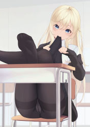 Rule 34 | 1girl, absurdres, ass, bad id, bad pixiv id, black jacket, black pantyhose, blonde hair, blue eyes, blush, chair, clothes lift, commentary request, commission, crotch seam, desk, feet, feet on table, highres, jacket, legs up, lifting own clothes, long hair, long sleeves, looking at viewer, mouth hold, no shoes, open clothes, open jacket, original, panties, pantyhose, pixiv commission, school chair, school desk, school uniform, shirafuji ene, shirt, sitting, skirt, skirt lift, sleeves past wrists, smile, soles, solo, thighband pantyhose, underwear, very long hair, white panties, white shirt