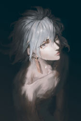 Rule 34 | 1boy, bishounen, blue background, blue eyes, collarbone, crying, crying with eyes open, demigod (intemind), earrings, glint, grey hair, hair between eyes, intemind, jewelry, long eyelashes, looking at viewer, male focus, original, parted lips, topless male, simple background, slit pupils, solo, tears, teeth, upper teeth only