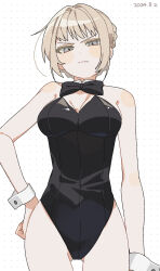 &gt;:( 1girl 2024 absurdres bare_shoulders black_bow black_bowtie black_leotard blonde_hair body_blush bow bowtie braid breasts cleavage closed_mouth cowboy_shot dated detached_collar elden_ring frown gluteal_fold grey_eyes hair_intakes hand_on_own_hip highres leotard light_blush medium_breasts needle_knight_leda playboy_bunny sahata_saba short_hair solo v-shaped_eyebrows white_wrist_cuffs wrist_cuffs