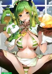 Rule 34 | 1girl, absurdres, antenna hair, artist name, bikini, black eyes, black thighhighs, blonde hair, bowl, breasts, cleavage, closed mouth, cloud, criss-cross halter, double bun, food, green bikini, green hair, hair bun, halterneck, highres, hougu souji, indian style, large breasts, long hair, looking at viewer, melonbooks, multicolored hair, navel, pitcher (container), puppet, scan, sidelocks, sitting, smile, solo, spoon, striped bikini, striped clothes, swimsuit, thighhighs, twintails, two-tone hair, window