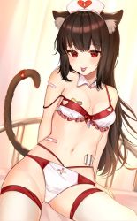 Rule 34 | 1girl, adapted costume, animal ears, bandaid, bandaid on arm, bandaid on stomach, bandaids on nipples, bikini, breasts, brown hair, cat ears, cat tail, commentary request, detached collar, frilled bikini, frills, hat, heart, katsushika pachi, layered bikini, long hair, looking at viewer, medium breasts, navel, nurse cap, original, pasties, red eyes, solo, strap slip, swimsuit, tail, thighhighs, tongue, tongue out, white thighhighs