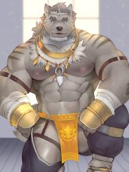Rule 34 | 1boy, abs, arm belt, bandaged arm, bandages, bara, biceps, bulge, character request, chest hair, crave saga, crotchless, crotchless pants, facial hair, feather necklace, fuga9, furry, furry male, goatee, jewelry, large pectorals, leg up, looking at viewer, male focus, mature male, multicolored hair, muscular, muscular male, navel, navel hair, necklace, nipples, pants, pectorals, pelvic curtain, ponytail, revealing clothes, sideburns, solo, stomach, streaked hair, thick eyebrows, thick thighs, thighs, topless male, wolf boy