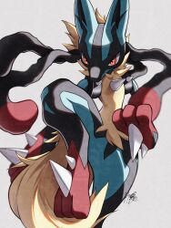 Rule 34 | blurry, commentary request, creatures (company), game freak, gen 4 pokemon, grey background, highres, kuchiba (jret2454), looking down, lucario, mega lucario, mega pokemon, nintendo, orange eyes, pokemon, pokemon (creature), signature, solo, spikes, yellow fur