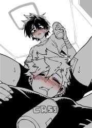 Rule 34 | 2boys, alcohol, bandage on thigh, bandaid, bandaid on face, beer can, blush, can, drink can, drunk, fang, from below, greyscale, highres, jeong surim, lee hoon, looking down, male focus, messy hair, monochrome, multiple boys, open mouth, parkgee, saliva, shirt, sleeping, suicide boy, sweat, t-shirt, teenage boy, yaoi