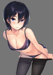 Rule 34 | 1girl, absurdres, bent over, black hair, blush, bra, breasts, cleavage, clothes pull, collarbone, cowboy shot, gluteal fold, grey background, hair between eyes, highres, kagematsuri, leaning forward, looking at viewer, medium breasts, mole, mole under mouth, original, panties, pantyhose, pantyhose pull, parted lips, pulled by self, purple bra, purple eyes, purple panties, short hair, simple background, smile, solo, thighband pantyhose, underwear, underwear only, undressing