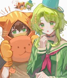 1boy 1girl animal_ear_hood animal_hands animal_hood blouse brown_hair bucket_hat cat_hood chibi choker curtained_hair fake_animal_ears gloves green_eyes green_hair green_serafuku hair_between_eyes hand_up hat highres holding holding_stuffed_toy hood ibushi_gin jing_qiu123 kimi_ga_shine kizuchi_kanna long_sleeves looking_at_viewer mask neckerchief open_mouth parted_bangs paw_gloves pink_neckerchief sailor_collar school_uniform serafuku shirt short_hair short_hair_with_long_locks sidelocks simple_background stuffed_animal stuffed_cat stuffed_toy teeth upper_body upper_teeth_only v-shaped_eyebrows white_background white_sailor_collar