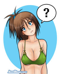 Rule 34 | 1girl, ?, artist name, bare shoulders, blue eyes, blue ribbon, breasts, brown hair, character request, cleavage, closed mouth, collarbone, frown, hair between eyes, hair ribbon, head tilt, highres, jago dibuja, large breasts, lips, looking at viewer, midriff, nintendo, original, ponytail, ribbon, simple background, solo, spoken question mark, the legend of zelda, triforce, two-tone background, underboob, upper body, watermark, web address