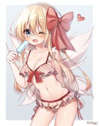 Rule 34 | 1girl, arm behind back, artist name, bad id, bad pixiv id, bikini, blonde hair, blue eyes, blush, bow, bow bikini, breasts, commentary request, fairy wings, food, frilled bikini, frills, grey background, hair between eyes, hair bow, heart, highres, holding, holding food, lily white, long hair, looking at viewer, medium breasts, navel, one eye closed, open mouth, pink bikini, popsicle, pudding (skymint 028), red bow, signature, simple background, solo, swimsuit, touhou, white wings, wings