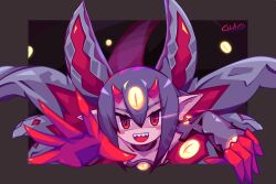 Rule 34 | 1girl, artist name, bare shoulders, blush stickers, chaoschao, choker, colored sclera, commentary, desco (disgaea), disgaea, english commentary, extra eyes, fourth wall, gloves, hair between eyes, horns, jingle bell earrings, open mouth, pointy ears, purple choker, purple hair, purple sleeves, reaching, reaching towards viewer, red eyes, red gloves, red horns, sharp teeth, short hair, slit pupils, smile, solo, teeth, tentacles, upper body, upper teeth only, yellow sclera