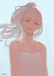 Rule 34 | 1girl, bare shoulders, blue background, brown eyes, collarbone, crying, crying with eyes open, highres, long hair, looking at viewer, nishiki areku, original, parted lips, ponytail, signature, simple background, solo, tears, upper body, white hair