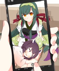 Rule 34 | 2girls, absurdres, brown hair, cellphone, cellphone photo, constricted pupils, couch, drooling, feet out of frame, female pervert, furrowed brow, gradient kimono, green hair, green hairband, green kimono, hairband, headgear, highres, holding, holding phone, hugging another&#039;s leg, japanese clothes, kimono, konori (ahurerukuiizi), lap pillow, long hair, looking at viewer, mouth drool, multiple girls, muneate, nervous smile, on couch, orange eyes, pervert, phone, pink kimono, pov, pov hands, raised eyebrows, red eyes, short hair, siblings, sidelocks, siscon, sisters, sitting, sleeves rolled up, smartphone, smile, sweatdrop, taking picture, tasuki, thighs, touhoku kiritan, touhoku zunko, voiceroid, wide-eyed