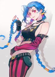 Rule 34 | 1girl, arcane: league of legends, arcane jinx, bai xin, belt, black gloves, black tank top, blue hair, commentary, english commentary, eyelashes, fingerless gloves, gloves, gradient hair, happy, highres, jinx (league of legends), league of legends, long hair, looking at viewer, low twintails, midriff, multicolored hair, pants, pink eyes, pink hair, smile, solo, standing, striped clothes, striped pants, tank top, twintails