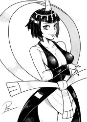 Rule 34 | black hair, circlet, collarbone, covered erect nipples, cowboy shot, crossed arms, dress, eliza (skullgirls), highres, looking at viewer, monochrome, parted lips, pow3776, ribbon, short hair, skullgirls, smile, wrist cuffs