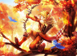 Rule 34 | 1boy, aiming, animal, arborlune, arrow (projectile), autumn, autumn leaves, bad id, bad pixiv id, bird, blonde hair, bluebird, boots, bow (weapon), drawing bow, flying, full body, hair ornament, hairpin, highres, holding, holding bow (weapon), holding weapon, hood, hood down, in tree, knee boots, kneeling, leaf, light rays, male focus, on one knee, orange theme, outdoors, pants, pants tucked in, plant, puffy pants, quiver, sennen sensou aigis, solo, stray (sennen sensou aigis), sunlight, tree, weapon, yellow eyes