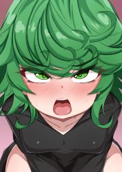 Rule 34 | 1girl, absurdres, begging, black dress, blush, collarbone, curly hair, dot nose, dress, female focus, gradient background, green eyes, green hair, heart, heart-shaped pupils, highres, looking at viewer, matching hair/eyes, one-punch man, open mouth, oral invitation, pink background, rokita, seiza, side slit, sitting, solo, sweatdrop, symbol-shaped pupils, tatsumaki, thighs, tongue