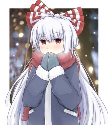 Rule 34 | 1girl, border, bow, breath, fujiwara no mokou, grey jacket, grey mittens, hair bow, hair ornament, hiwano, jacket, long hair, mittens, open mouth, red bow, red eyes, red scarf, scarf, snowing, solo, touhou, very long hair, white border, white hair, winter clothes