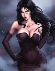 Rule 34 | 1girl, bare shoulders, black dress, black gloves, black hair, black lips, breasts, claws, cleavage, closed mouth, covered navel, dandon fuga, dress, elbow gloves, female focus, floating hair, fog, formal, fullmetal alchemist, gloves, hand on own hip, hand up, homunculus, large breasts, lips, lipstick, long hair, looking at viewer, lust (fma), makeup, monster girl, naughty face, neck, pale skin, purple eyes, smile, solo, standing, strapless, strapless dress, tattoo