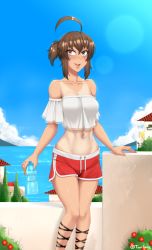 Rule 34 | 1girl, :d, andou natsuki, bare shoulders, blue sky, bottle, breasts, brown eyes, brown hair, cloud, collarbone, commentary, dated commentary, day, eyes visible through hair, feet out of frame, flower, highres, horizon, kitakubu katsudou kiroku, lens flare, looking at viewer, medium breasts, midriff, navel, off-shoulder shirt, off shoulder, one-piece tan, open mouth, outdoors, plastic bottle, red shorts, shirt, short hair, short shorts, short sidetail, shorts, sky, smile, solo, tan, tanline, twitter username, twrlare, water, white shirt