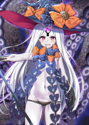 Rule 34 | 1girl, abigail williams (fate), abigail williams (third ascension) (fate), black bow, black gloves, black hat, black panties, bow, commentary request, elbow gloves, fate/grand order, fate (series), gloves, glowing, gluteal fold, google (asdek18), grin, groin, hat, holding, long hair, looking at viewer, lowleg, lowleg panties, navel, orange bow, outstretched arm, panties, parted bangs, print bow, red eyes, revealing clothes, sharp teeth, smile, solo, star (symbol), star print, suction cups, teeth, tentacles, topless, underwear, underwear only, v-shaped eyebrows, very long hair, white hair, witch hat