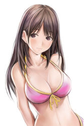 Rule 34 | 1girl, anegasaki nene, arm behind back, bare arms, bare shoulders, bikini, breasts, brown eyes, brown hair, cleavage, collarbone, female focus, front-tie bikini top, front-tie top, halterneck, large breasts, light blush, long hair, looking at viewer, love plus, mole, mole under eye, nannacy7, navel, parted bangs, pink bikini, simple background, solo, swimsuit, upper body, white background
