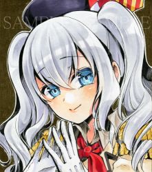 Rule 34 | 1girl, alto2019, bad id, bad pixiv id, blue eyes, brown background, closed mouth, collared shirt, gloves, hair between eyes, kantai collection, kashima (kancolle), long hair, looking at viewer, lowres, marker (medium), neckerchief, portrait, red neckerchief, sample watermark, shirt, silver hair, smile, solo, traditional media, twintails, watermark, white gloves, wing collar