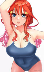 Rule 34 | 1girl, bare shoulders, bent over, blue eyes, blue one-piece swimsuit, breasts, cleavage, collarbone, commentary request, covered navel, cowboy shot, go-toubun no hanayome, hair between eyes, hair ornament, hair rings, highres, irarei (araisanblog), large breasts, light blush, long hair, looking at viewer, nakano itsuki, one-piece swimsuit, open mouth, red hair, school swimsuit, sidelocks, simple background, smile, star (symbol), star hair ornament, swimsuit, white background