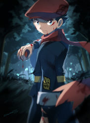 Rule 34 | 1boy, black hair, blood, blood on face, blue eyes, blurry, closed mouth, commentary request, creatures (company), floating scarf, forest, game freak, hand up, hat, highres, holding, holding poke ball, jacket, looking at viewer, looking to the side, male focus, nature, nintendo, poke ball, poke ball (legends), pokemon, pokemon legends: arceus, red hat, red scarf, rei (pokemon), sawarabi (sawarabi725), scarf, short hair, signature, solo, standing, tree, undershirt