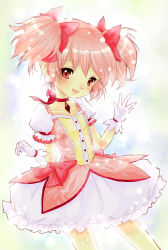 Rule 34 | 10s, 1girl, bow, choker, dress, female focus, frills, gem, gloves, gradient background, hair ribbon, highres, kaname madoka, magical girl, mahou shoujo madoka magica, mahou shoujo madoka magica (anime), nanako (wonder clone), pink eyes, pink hair, ribbon, short hair, short twintails, smile, solo, twintails, white gloves