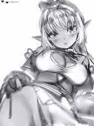 Rule 34 | 1girl, bad id, bad pixiv id, blurry, blurry foreground, blush, bow, breasts, cleavage cutout, clothing cutout, contrapposto, covered erect nipples, dark-skinned female, dark elf, dark skin, depth of field, elf, fingernails, gloves, greyscale, hair bow, hair intakes, highres, hololive, large breasts, looking at viewer, monochrome, nanashi (nlo), obi, parted lips, partially fingerless gloves, pointy ears, ponytail, sash, shiranui flare, shiranui flare (old design), simple background, solo, virtual youtuber, white background