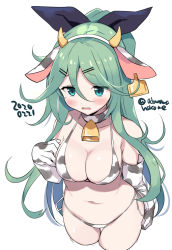Rule 34 | 1girl, alternate costume, animal costume, animal ears, animal print, bare shoulders, bell, bikini, blush, breasts, chinese zodiac, cleavage, collar, commentary request, cow costume, cow ears, cow girl, cow horns, cow print, dated, ear tag, elbow gloves, fake horns, gloves, green hair, hair between eyes, hair ornament, hairclip, horns, kantai collection, large breasts, long hair, looking at viewer, navel, neck bell, odawara hakone, one-hour drawing challenge, open mouth, print bikini, side-tie bikini bottom, simple background, solo, string bikini, swimsuit, thighhighs, twitter username, white background, yamakaze (kancolle), year of the ox