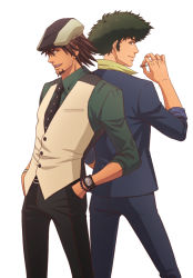 Rule 34 | 10s, 1990s (style), 2boys, back-to-back, black hair, brown eyes, brown hair, cabbie hat, cigarette, company connection, cowboy bebop, crossover, facial hair, formal, green hair, green shirt, hands in pockets, hat, kaburagi t. kotetsu, lunarclinic, male focus, multiple boys, necktie, retro artstyle, shirt, short hair, simple background, spike spiegel, stubble, suit, sunrise (company), tiger &amp; bunny, vest, waistcoat, watch, white background, wristwatch, yellow shirt