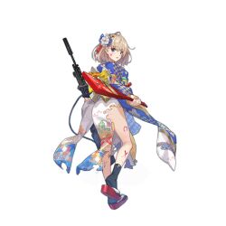Rule 34 | 1girl, acr (girls&#039; frontline), acr (ultramarine fragrance) (girls&#039; frontline), adaptive combat rifle, ahoge, ass, assault rifle, black socks, blonde hair, blue eyes, blue kimono, blush, body writing, floral print, flower, from behind, full body, girls&#039; frontline, gun, hagoita, hair flower, hair ornament, highres, holding, holding gun, holding weapon, japanese clothes, kimono, looking at viewer, looking back, mole, mole under eye, obi, official alternate costume, official art, open mouth, paddle, red footwear, rifle, saitou masatsugu, sandals, sash, short hair, simple background, socks, solo, standing, standing on one leg, suppressor, tabi, torn clothes, torn kimono, torn socks, transparent background, two-tone kimono, weapon, weapon case, white kimono, zouri