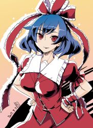 Rule 34 | 1girl, blue hair, blush, breasts, commentary request, cosplay, cowboy shot, dated, frilled ribbon, frilled shirt collar, frilled sleeves, frills, gradient background, hair ribbon, highres, kagiyama hina, kagiyama hina (cosplay), kei jiei, large breasts, looking at viewer, one-hour drawing challenge, open mouth, orange background, puffy short sleeves, puffy sleeves, red eyes, red ribbon, red shirt, red skirt, ribbon, shirt, short hair, short sleeves, skirt, skirt set, smile, solo, touhou, wrist ribbon, yasaka kanako