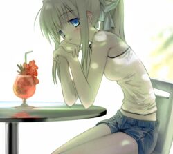 1girl bare_shoulders blonde_hair blue_eyes blue_shorts closed_mouth denim denim_shorts head_rest highres long_hair on_chair original own_hands_together ponytail shirt short_shorts shorts sitting sleeveless sleeveless_shirt solo suiso_(owp) table white_shirt