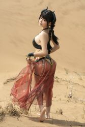 Rule 34 | 1girl, asian, ass, black eyes, black hair, breasts, chinese (nationality), chunmomo0127, cosplay, cosplay photo, desert, fake horns, feet, full body, highres, horns, jewelry, looking at viewer, looking back, medium breasts, medium hair, outdoors, photo (medium), real life, sand, standing