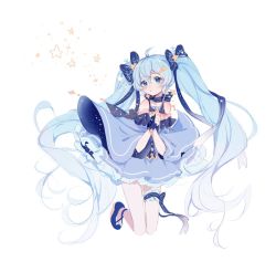 Rule 34 | 1girl, absurdly long hair, bare shoulders, blue bow, blue dress, blue eyes, blue gloves, blue hair, blue neckwear, bow, commentary, dress, fingerless gloves, frilled dress, frilled legwear, frills, full body, gloves, hair bow, hair ornament, hairclip, hatsune miku, holding, holding wand, legs up, light blue hair, long hair, looking at viewer, nishina hima, solo, star (symbol), star hair ornament, thigh strap, treble clef, twintails, very long hair, vocaloid, wand, white background, wide sleeves, yuki miku, yuki miku (2017)