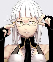 Rule 34 | 1girl, bare shoulders, black gloves, black necktie, bob cut, commentary, fate/grand order, fate (series), fingerless gloves, gloves, grey background, grin, hands up, i-pan, medium hair, necktie, penthesilea (fate), simple background, smile, solo, symbol-only commentary, upper body, white hair, yellow eyes