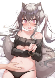 Rule 34 | 1girl, @ @, absurdres, animal ear fluff, animal ears, bare shoulders, belly grab, black panties, blush, bound, breasts, cat ears, commentary request, crop top, grey hair, highres, long sleeves, looking at viewer, medium breasts, navel, open mouth, original, panties, pink eyes, rope, shin no tenpii, sidelocks, sitting, solo focus, stomach, sweatdrop, tail, twintails, underboob, underwear, white background