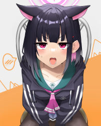 Rule 34 | 1girl, absurdres, amea0503 8121, animal ears, black hair, blue archive, blunt bangs, breasts, cat ears, collarbone, from above, hair ornament, hairclip, highres, hood, hoodie, kazusa (blue archive), medium breasts, open mouth, oral invitation, pantyhose, solo, spoken blush, teeth, v-shaped eyebrows, v arms