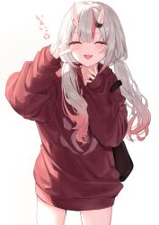 Rule 34 | 1girl, absurdres, bag, blush, closed eyes, commentary request, cowboy shot, facing viewer, fang, gradient hair, grey hair, hands up, highres, hololive, horns, iruka3, jacket, long hair, long sleeves, low twintails, multicolored hair, nakiri ayame, nakiri ayame (off-work), no pants, open mouth, red hair, red jacket, shoulder bag, simple background, skin-covered horns, sleeves past wrists, smile, solo, streaked hair, translation request, twintails, v, virtual youtuber, white background, white hair