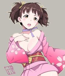 Rule 34 | 10s, 1girl, bare shoulders, black hair, bowieknife, breasts, choker, cleavage, hand on own chest, japanese clothes, kimono, koutetsujou no kabaneri, large breasts, mumei (kabaneri), no panties, obi, off shoulder, ribbon, ribbon choker, sash, short hair, short kimono, solo, twintails