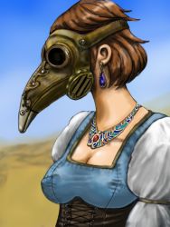 Rule 34 | 1980s (style), breasts, brown hair, cleavage, earrings, jewelry, kaze no tani no nausicaa, mask, retro artstyle, original, plague doctor mask, retro artstyle, steampunk