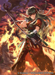 Rule 34 | 1girl, bow (weapon), company name, copyright name, dragon, fire, fire emblem, fire emblem: the binding blade, fire emblem cipher, gloves, green hair, headband, holding, holding bow (weapon), holding weapon, horse, long hair, mayo (becky2006), nintendo, official art, short sleeves, solo focus, sue (fire emblem), weapon, wyvern